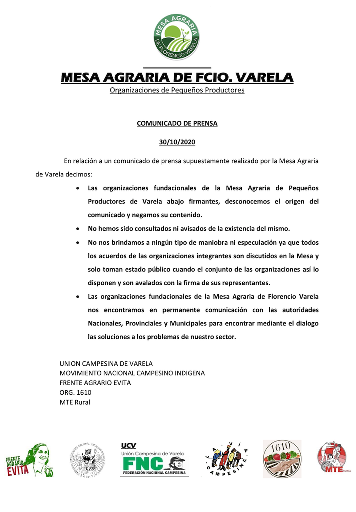 comunicado mesa agraria varela
